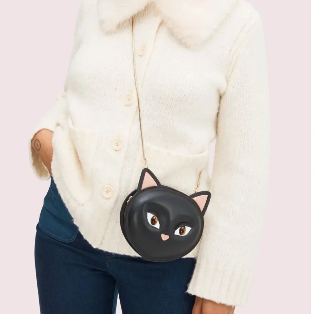Kate Spade Black Cat Leather Crossbody Bag Novelty Purse Cute Kawaii Coquette